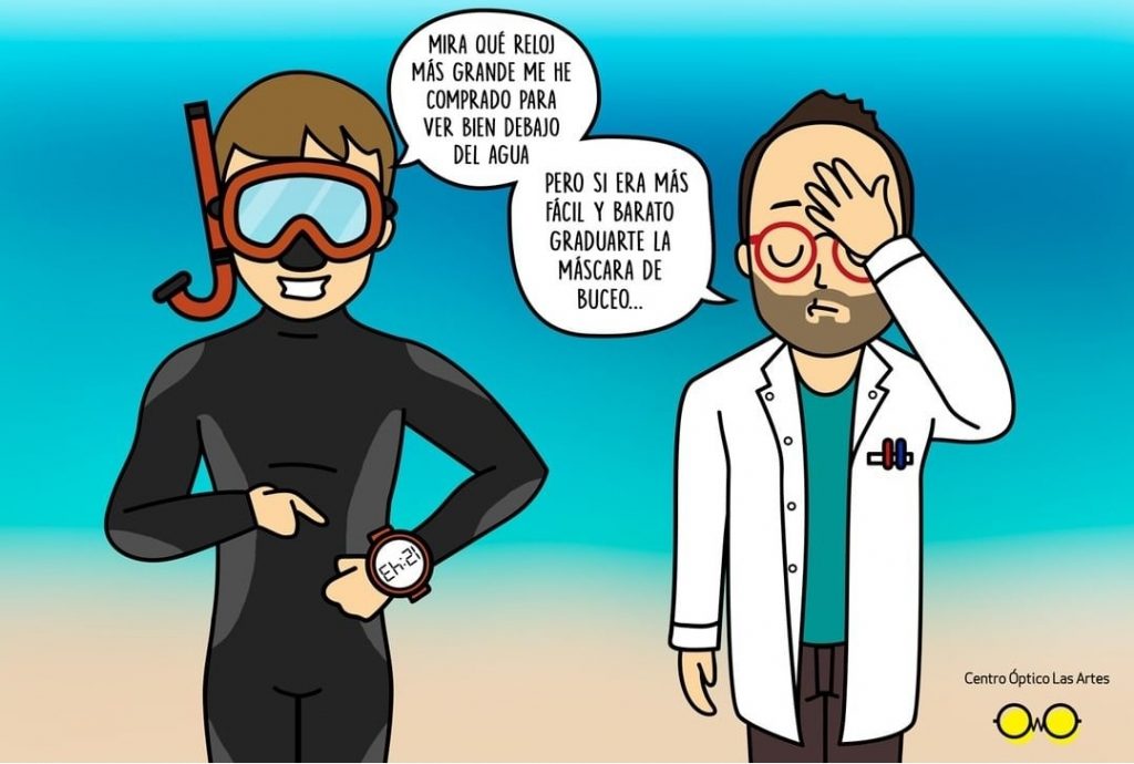 viñeta cómica de máscaras de submarinismo graduadas en centro optico las artes