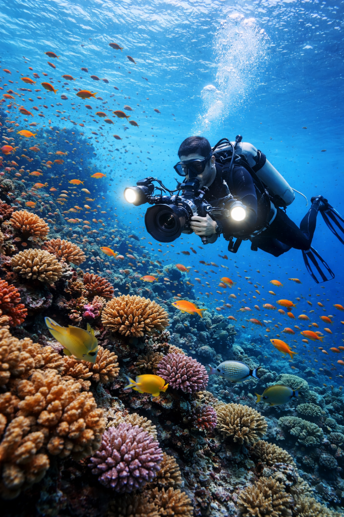 fotosub con mascara de buceo graduada en un arrecife